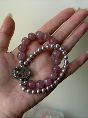 Handmade Pink Beaded Double-Strand Bracelet with Silver Accent